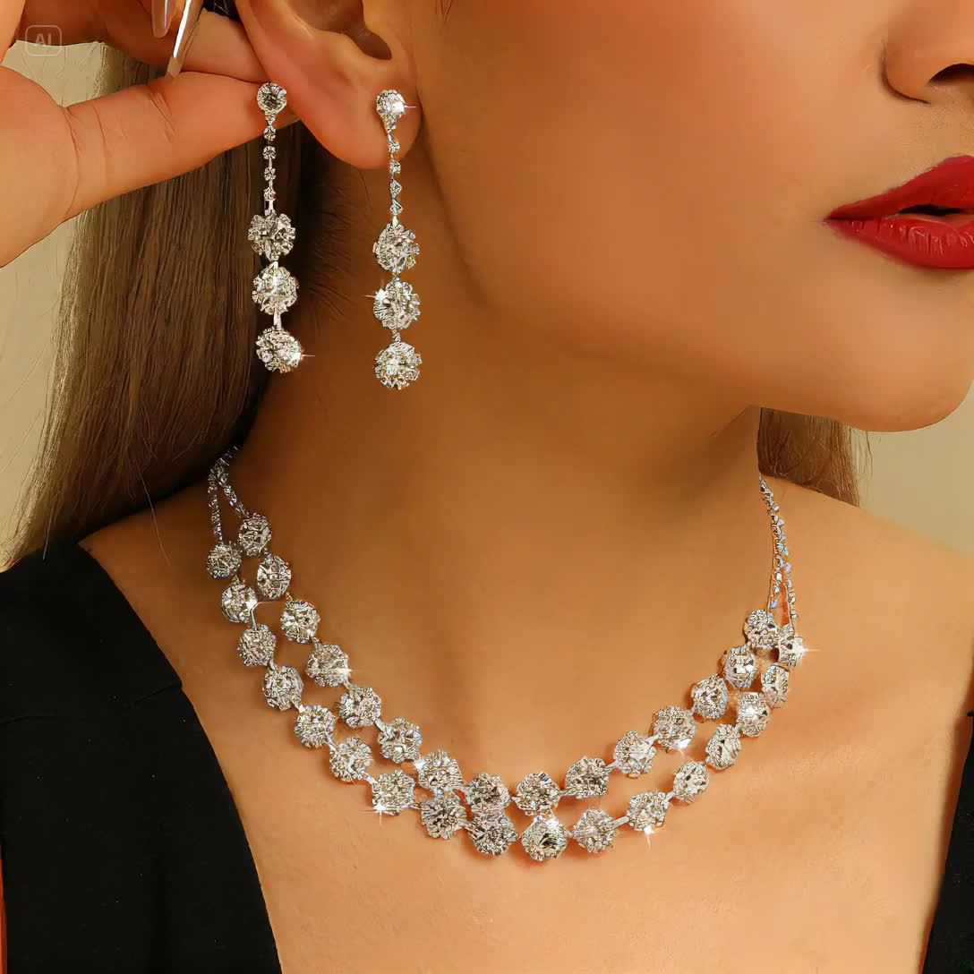 Elegant Water Drill Double Layer Necklace Set